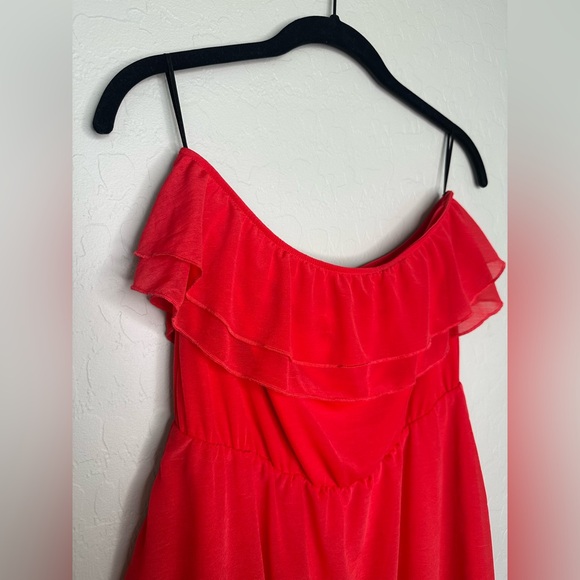 Red Pink Chiffon Ruffled Tiered Strapless Short Dress, size 6 - Picture 7 of 10